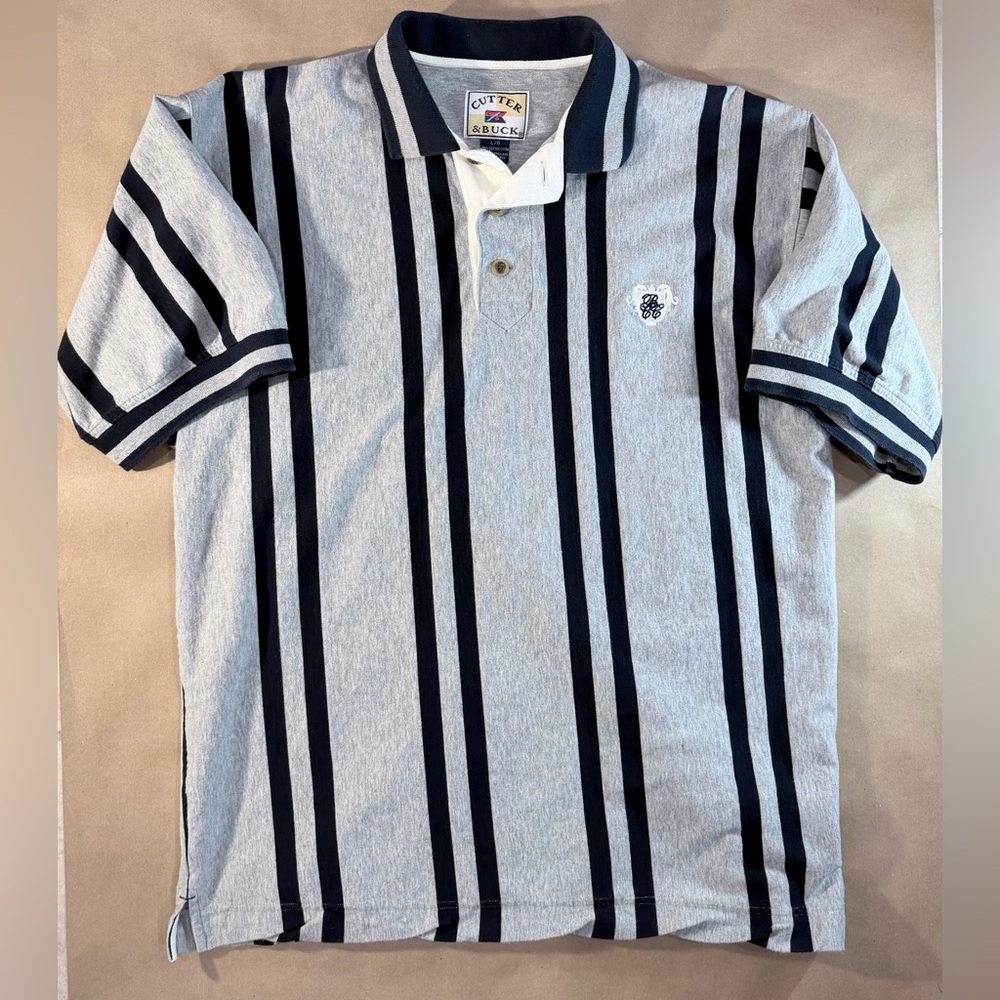 Cutter & Buck Striped Polo Shirt Men’s L – 100% Cotton Navy/Gray